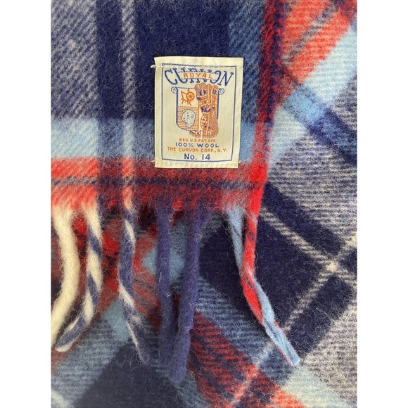 Vintage CURVON 100% Wool 45x37 in Stadium Lap Plaid Blanket Fringe - Picture 2 of 5
